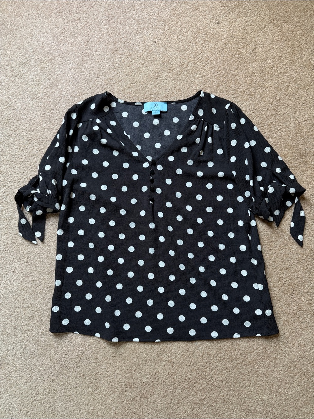 CeCe Black Polka Dot Tie-Sleeve Blouse